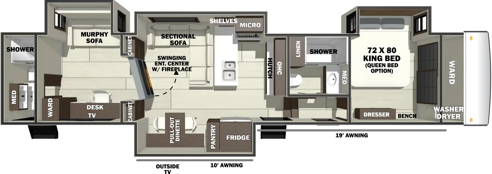 The RIVERSTONE 44DBL floorplan has two entries and four slide outs. Exterior features include: fiberglass exterior and 18' & 10' awning. Interiors features include: free-standing dinette option, front bedroom, murphy bed, rear bathroom and two full bathrooms.